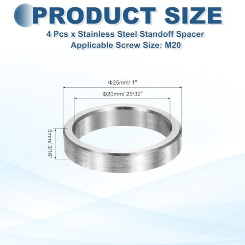 MECCANIXITY 4pcs M20 Metal Spacers, M20 IDx25mm ODx5mm Length Stainless Steel Spacer Round Unthreaded Standoff Bushing Plain Finish for Screw Bolts, Silver 20x25x5mm