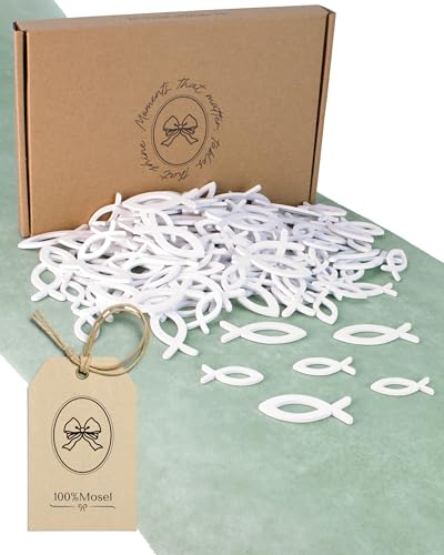 100% Mosel Poissons de Décoration à Parsemer, 150 Pièces, Blanc – Confettis de Table en Bois pour Baptême, Communion & Confirmation