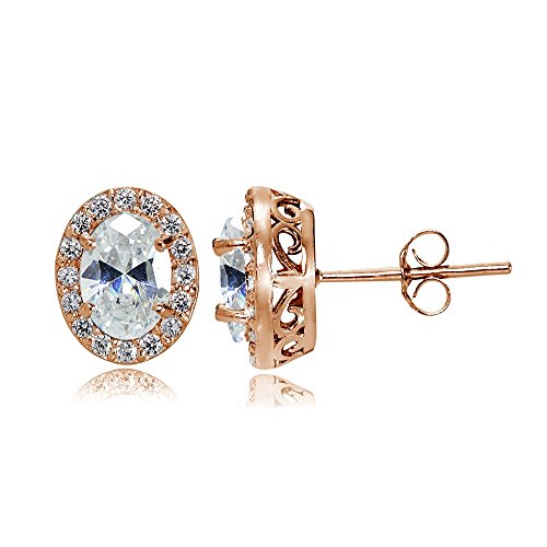 Rose Gold Flashed Sterling Silver Created White Sapphire Oval Halo Stud Earrings