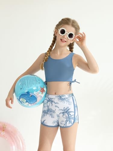 Image of Girl's 3 Piece Bikini Bathing Suit Printed Sport Swimsuits with Shorts Cove Up Sets Teen Girl's Swimwear