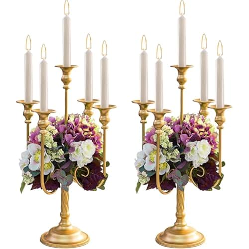 Hewory Candelabra Gold Candlestick Holders, 2 Pcs Wedding Table Centerpiece