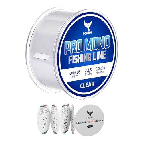 POWJOY 20lb mono fishing line clear 600yds, No tangle-Snap Ring, Knots card gift, Paralleled Hand-Wound, Multi purpose-20 Pound low invisible monofilament nylon wire for hanging decorations bird deter