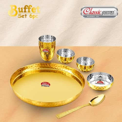 Image of Classic Steels Buffet Gold Hammered Stainless Steel Dinner Set (36 Pieces) Thali Set with 6 Dinner Plates, 12 Bowls, 6 Side Plates, 6 Glasses & 6 Spoons Food-Grade Tableware for Home Use & Gifting