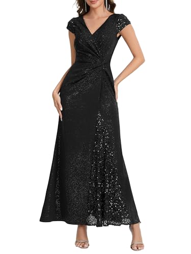 Ever-Pretty Women's Glitter V-Neck Formal Wedding Guest Dress Sequin Stretchy Mother of Bride Dresses Evening Gown Black US10