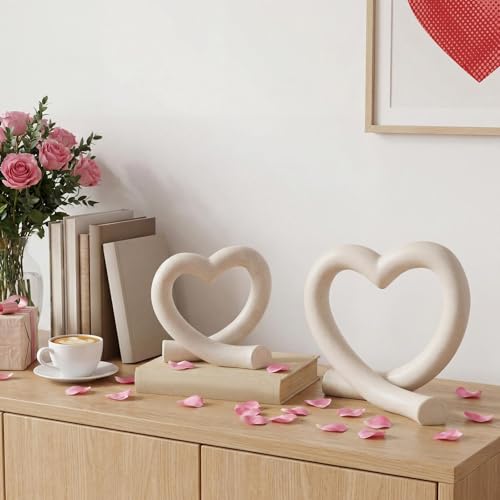 Set de 2 esculturas modernas de corazón de resina beige miniatura 2