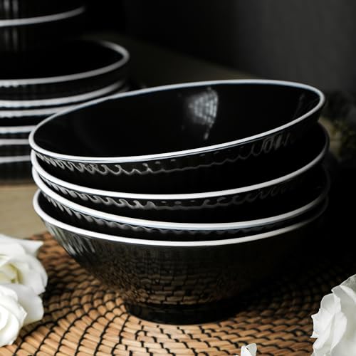Image of Christian Siriano Lustra Modern 16-Piece Stoneware Dinnerware Set, Plates and Bowls Set, Dinner and Salad Plates, Ramen Bowls, Dishes for 4, Black