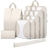8 Set Compression Packing Cubes for Travel, Compression Bags for Travel Expandable Travel Packing Organizers for Carry on Suitcase Travel Bags Organizer for Luggage (Beige)