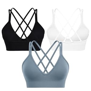 VEQKING Strappy Women Sports Bra V-Neck Criss Cross Back Padded Yoga Bra Seamless Workout Bras Spaghetti Strap Bralettes