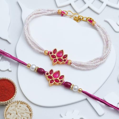 Image of eCraftIndia Kundan Pearl Designer Bhaiya Bhabhi Rakhis with Best Bro Ever Fridge Magnet | Set of 2 Rakhi for Brother and Bhabhi | Lumba Rakhi | Roli Chawal Pack