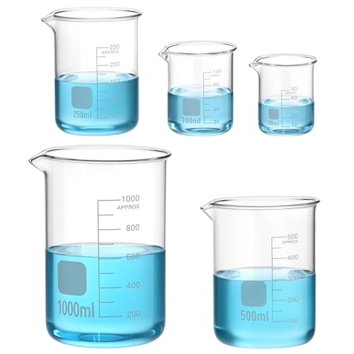 QWORK Glass Measuring Beaker Set - 5 Piece Borosilicate Glass, 50ml 100ml 250ml 500ml 1000ml, with Precise Measurement Tolerance