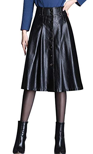 chouyatou Women's Elegant High Waist Button Front A-Line Midi Faux Leather Skirt (Medium, Black)
