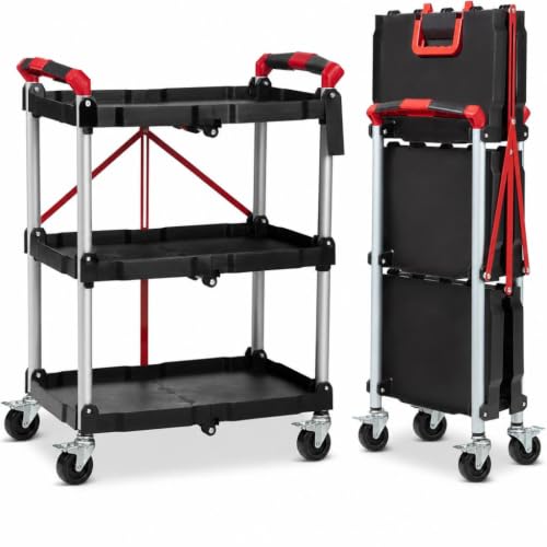 Foldable Utility Carts with Wheels, 3-Tier Holds Folding Rolling Cart