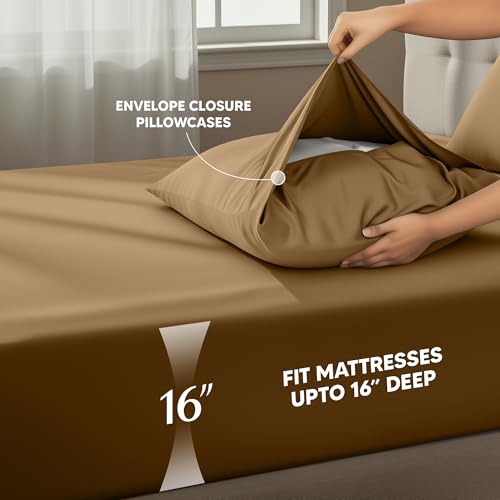 Image of Utopia Bedding Queen Size Sheet Set - 4 Piece Bed Sheets, Soft and Breathable Microfiber, Includes 1 Fitted Sheet, 1 Flat Sheet and 2 Pillowcases - Oeko Tex (Mocha)