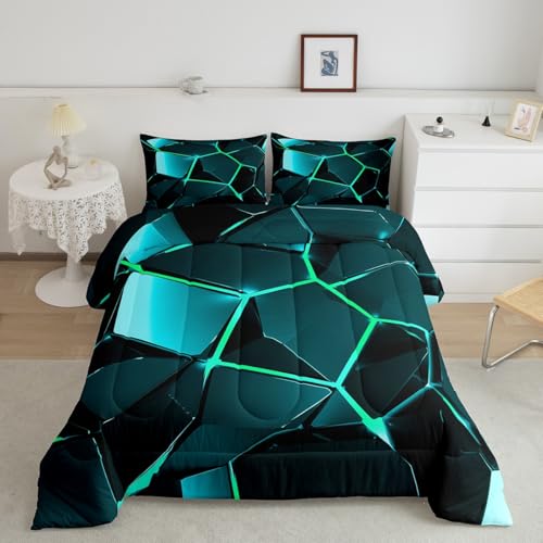 Image of Feelyou Blue Green Hexagon Comforter Stereoscopic Honeycomb Comforter Set for Kids Geometrics Beehive Bedding Set Geometric Honeycomb Duvet Set Simplistic Room Decor Quilt King Size Boys