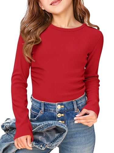 Image of Haloumoning Girls Long Sleeve Shirts Crewneck Ruched Side Slim Fit Tops Ribbed Knit Casual Tee Shirt 4-15 Years