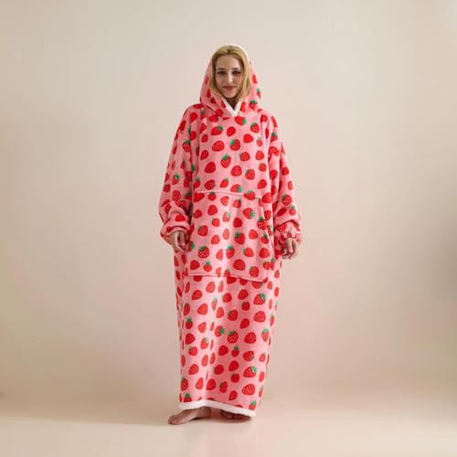 xuan dian Wearable Blanket Sweatshirt Gifts for Women and Men Warm and Cozy Giant Blankets Hoodie Thick Flannel Blanket with Sleeves and Giant Pocket - Strawberry