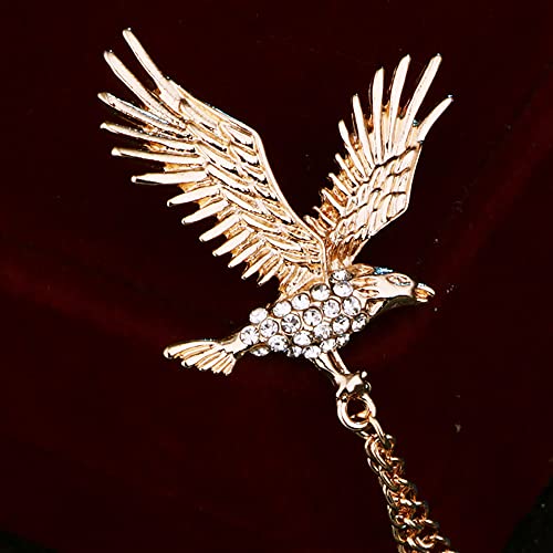 Image of Vintage Hawk Chain Brooch Pin,Animal Eagle Bird Long Chain Tassel Suit Lapel Pin Rhinestone Hawk Badge Pin Jewelry for Men Women