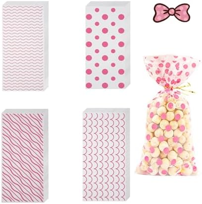 EatnMgan 200Pcs Cellophane Treat Bags,Cellophane Bags,Party Favors Bags Cellophane Treat,Goodie Candy with 220Pcs Twist Ties for Valentine, Birthday, Gift Cookie Snack Packing Party Favor Supplies (Pink)