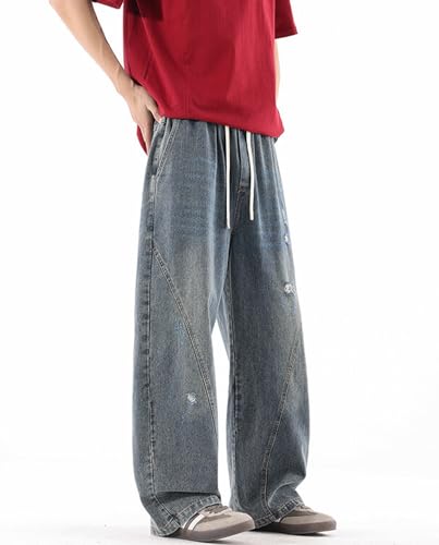 HBER Men's Elastic Waist Baggy Jeans Y2k Wide Leg Denim Pants with Drawstring Mid Rise Loose Fit Distressed Jeans4