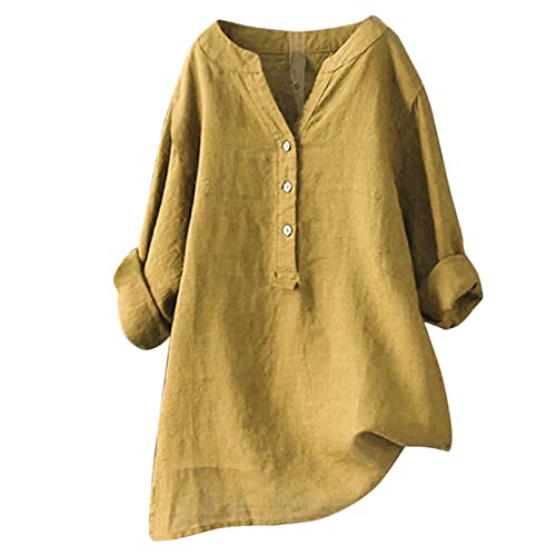 Lange Leinenbluse Damen Bluse Oversize Langarm Shirt Baumwolle Leinen Hemdbluse Elegant Übergröße Longbluse Festliche Oberteil Einfarbig Lose Leinenoberteile Langarmshirt (Gelb, XXXXL)