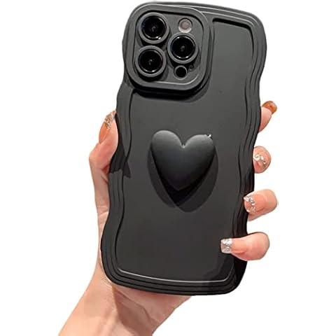 Caseative Cute 3D Love Heart Curly Wave Frame Soft Compatible with iPhone Case (Black,iPhone 14 Pro Max) Cover