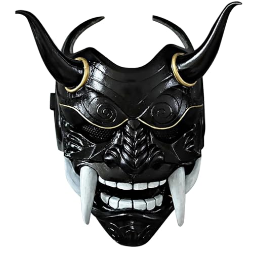HTLNUZD Full Face Mask Halloween Latex Mask Cosplay Japanese for PrajnaHeadgear Samurai Evil KabukiHannya Party Mask Decorate (Black)