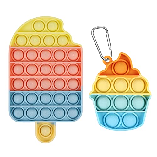 EVERMARKET 2 Pack Push Pop Bubble Fidget Sensory Toys,Rainbow Ice Cream Pop Bubble Fidget Toy Mini Rainbow Ice Cream Bubble Popper Keychain Stress Reliever Silicone Squeeze Toys Simple Fidget Toys