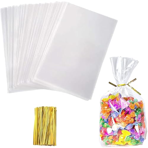 TuoYi 100 Pieces Clear Cellophane Treat Bags with Ties,Small Plastic Gift Wrap for Gift Wrapping,Packaging Candies,Dessert,Bakery,Party Favors (Clear, 15x23cm)