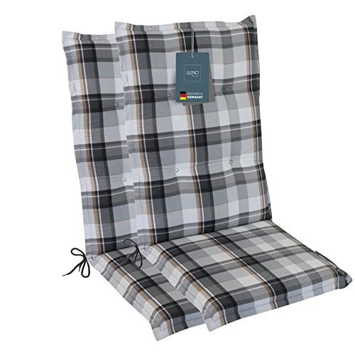 LILENO HOME Gartenstuhl Auflagen als [2er Set - Hochlehner] in Karo Grau - Bequeme Liegen als Sitzauflagen für Gartenmöbel - Stuhlkissen für Gartenstühle und Klappstühle
