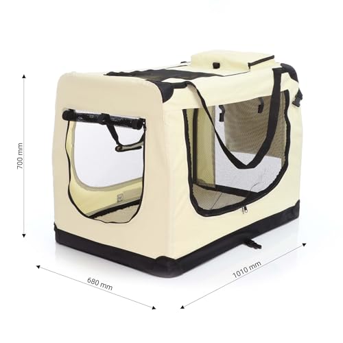 Fudajo Faltbare Transportbox für Hunde, Katzen XXXL (101x68x70cm), robust, leicht, sicher, Hundebox mit Tragegriff und Decke, Beige