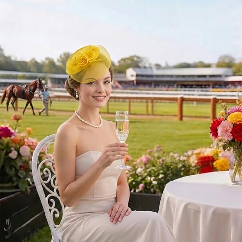 Image of DRESHOW Fascinator Hats for Women Cocktail Tea Party Hat Netted Pillbox Hat Vintage Derby Hats for Bridal Wedding