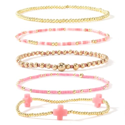 Bohxantium 14K Gold Plated Beaded Stretch Bracelets Stack Set for Women- Pink Stackable Elastic Waterproof Boho Style with Cross Bracelet - Colorful Seed Beads Jewelry Christian Faith Summer Gift