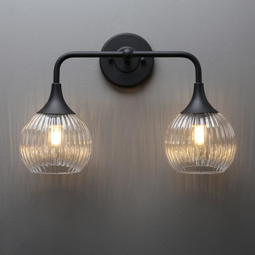 Image of PERMO Vintage Vanity Light Antique 2 Lights Sconce with Clear Ribbed Globe Glass Shade Matte Black Double Sconces for Bathroom Mirror Living Room