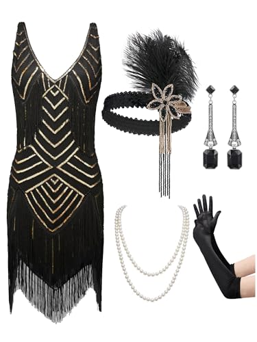 SWEETV Flapper Dresses 1920s,Great Gatsby Dresses for Women 1920 Dresses For Women Roaring 20s Costumes With 20s Accessories Set Cocktail Party Dress For Harlem Nights,Black Gold,Small