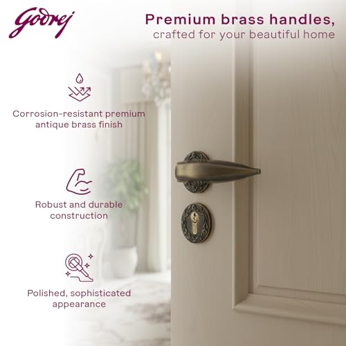 Image of Godrej Mortise Lock | Handle Lock Set for Main & Bedroom Door| Arsa Udaan Rose Handle| 240 mm Eco Lock Body | 70 mm Eco Pin Cylinder 1CK | Antique Brass| 5Year Warranty