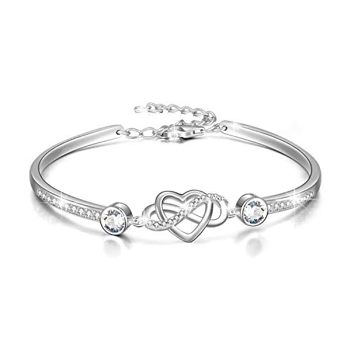 Image of AOBOCO 925 Sterling Silver Infinity Endless Love Heart Birthstone Bangle Bracelet - I Love You Forever Series Adjustable 6-8 in Bracelet with Crystals from Austria Romantic Birthday Jewelry Gift for Women Wife Girlfriend