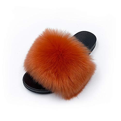 Image of Women's Faux Fur Slides Slippers Fluffy Fuzzy Sandals Open Toe Furry Slide Flip Flop Indoor Outdoor