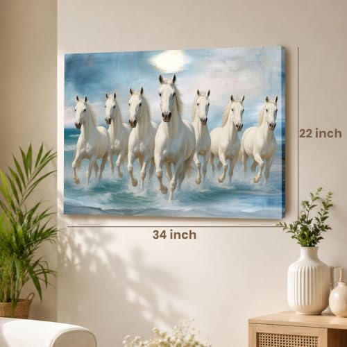 Image of PAINTINGMANTRA 7 White Running Horses Canvas Wall Art Painting For Living Room|Seven Running Horses Vastu Feng Shui Stretched Canvas Painting For Bed Room, Home & Office, 22x34 Inch