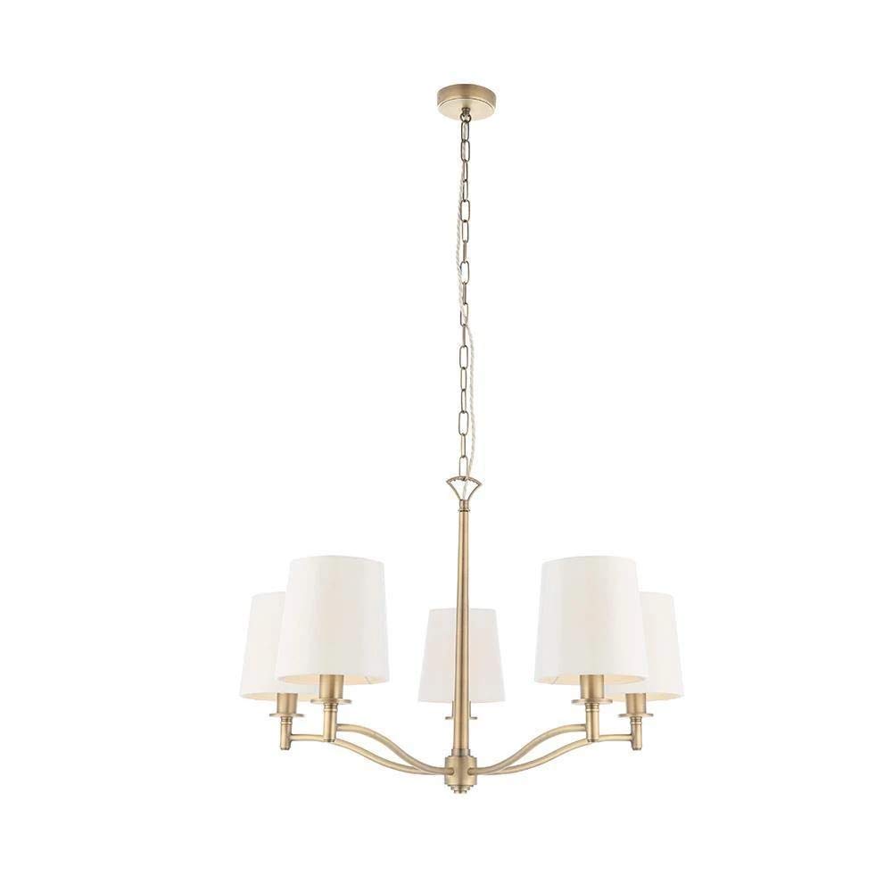 Endon 70245 Ortona Five Light Ceiling Pendant Light In Matt Antique Brass And White Faux Silk Shades