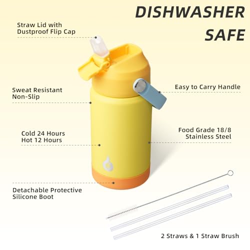 Image of BJPKPK Insulated Water Bottle with Straw Lid, 12oz Thermo Water Bottles with Soft Nozzle, Flex Handle & Non-slip Boot, BPA Free Leak Proof Stainless Steel Metal Thermo, Tumblers, Cups,Yellow