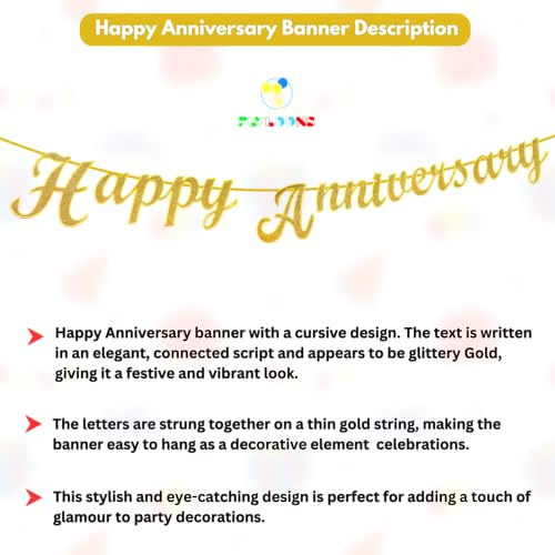 Image of Flyloons Happy Anniversary Banner Gold Decorations Kit for Men Women Wedding Anniversary Banner Items without Balloons