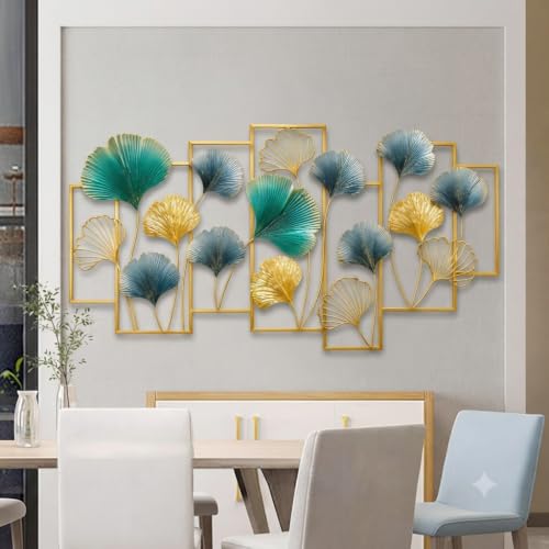 Image of SMILES GIFT Luxury Imported Wall Hanging | Large 3D Gold & Teal Metal Wall Hanging | Ginko Leaf Sculpture for Home Decor for Living Room & Office