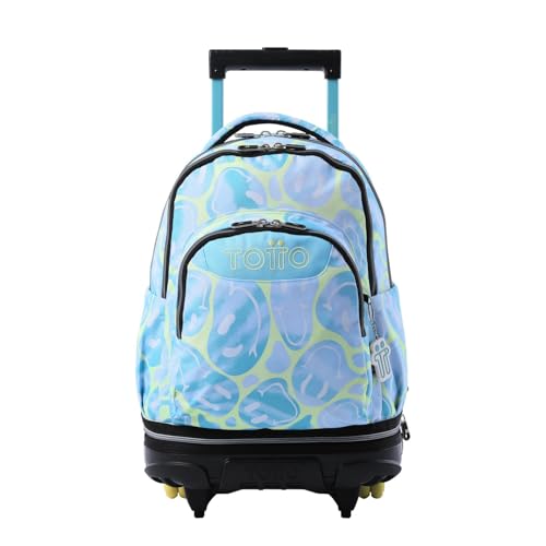 TOTTO - Mochila Escolar con Ruedas Desmontables, Modelo Tiza, Capacidad 26 L, Mochila PC 15.4", Bolsillo Botella, Manija Telescópica, Espaldar Ergonómico y Correas en S, Estampado Happy Flow Azul