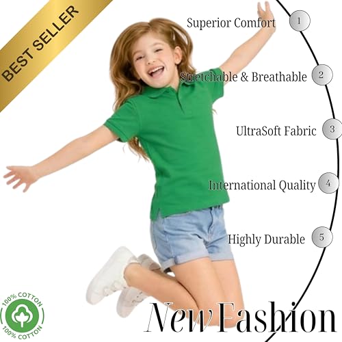 Image of Kids Girls Polo T-Shirt | Half Sleeves | 100% Organic Cotton Rich Bio-Wash Fabric | Ultra Soft & Breathable | Regular Fit | Plain Solid Color Casual Wear & School Uniform