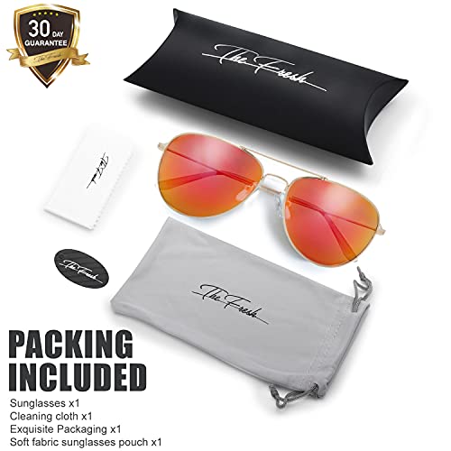 Image of The Fresh Classic Aviator Sunglasses for Men Women, Metal Frame Mirror Lens, Pilot Style, Includes Cleaning Cloth, Pouch