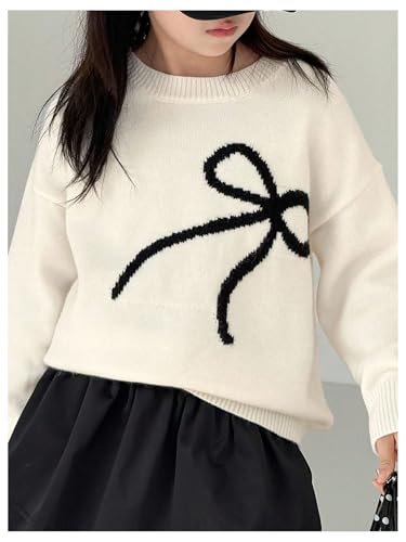 Image of BEAUDRM Girl's Bow Sweater Crew Neck Cute Sweaters Long Sleeve Knit Pullovers Sweater