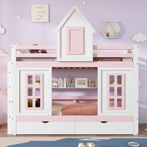 Litera, cama de princesa, cuna, cuna con techo y ventana, con barandilla anticaídas, barandilla estable, dos cajones con ruedas, estante abierto, amplio espacio de almacenamiento, pino+MDF,