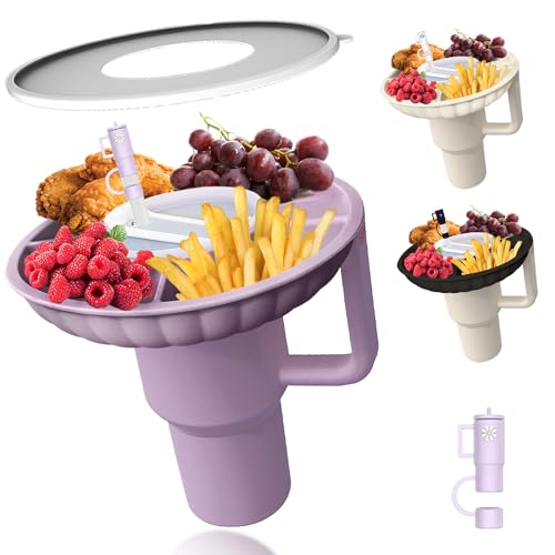 ELIZAHOME Stanley Snack Tray with Lid and Straw Covers CapCompatible with Stanley Cup 40 oz Stanley Cup Accessories for Car Cup Holder Home Party OutdoorSilicone Snack Bowl Purple