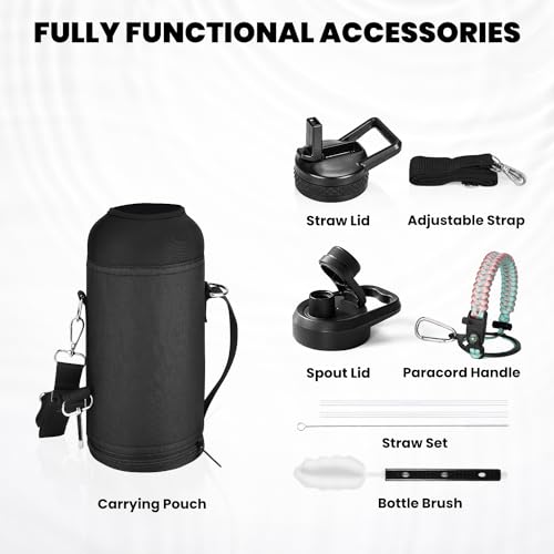 Image of RAYMYLO Insulated Water Bottle 32 oz, Triple Wall Vacuum Stainless Steel (Cold for 24Hrs, Hot for 12Hrs), Leak Proof & Non-BPA, Modern Water Flask Jug with Paracord Handle & Straw Spout Lids
