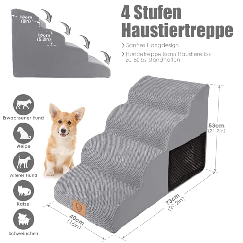 Myiosus Hundetreppe 4 Stufen, wasserdichte Haustiertreppe für Große Hunde und Katzen, rutschfest Hunderampe aus Schaumstoff, Waschbar Hunde Treppen mit Abnehmbarer Bezug für Sofa Hohe Bett, Grau